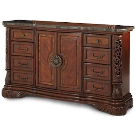 Four-Door Nine-Drawer Drsser with Intricate Molding and Carving Details