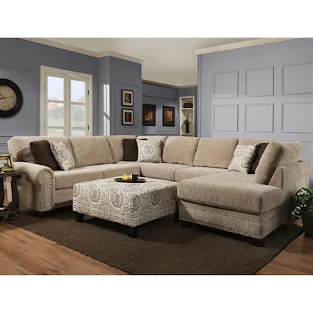 Casual 3-Piece Sectional and Ottoman with Wide Chaise