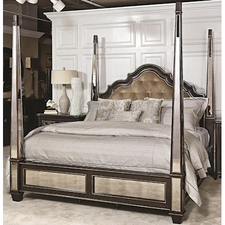 King Upholstered Poster Bed with Beveled Headboard