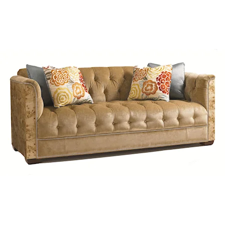 Aurora Tufted Back Sofa with Tan Strie Velvet Upholstery and Embroidered Accent Pillows