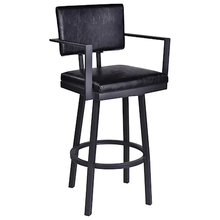 26” Counter Height Barstool with Arms in Black Powder Coated Finish with Vintage Black Faux Leather