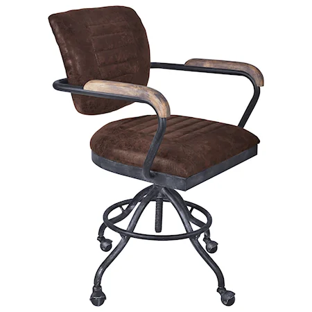 Modern Office Chair in Industrial Grey Finish and Brown Fabric with Pine Wood Arms