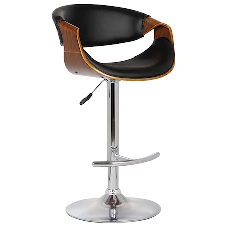 Adjustable Swivel Barstool in Black Faux Leather with Chrome Finish and Walnut Wood