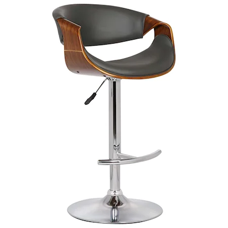 Adjustable Swivel Barstool in Gray Faux Leather with Chrome Finish and Walnut Wood