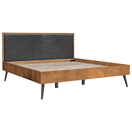 Rustic Oak Wood Upholstered Leather King Platform Bed