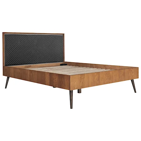 Rustic Oak Wood Upholstered Leather Queen Platform Bed