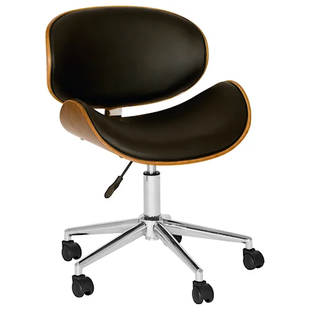 Modern Office Chair In Chrome Finish with Black Faux Leather And Walnut Veneer Back