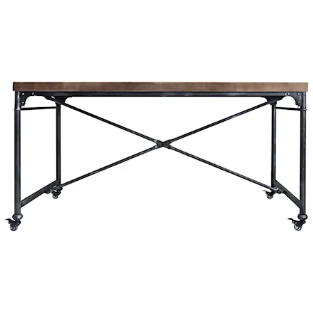 Industrial Dining Table in Industrial Grey Metal and Pine Wood with Casters