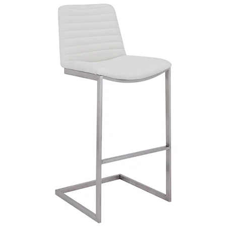Contemporary 30" Bar Height Barstool in Brushed Stainless Steel Finish and White Faux Leather