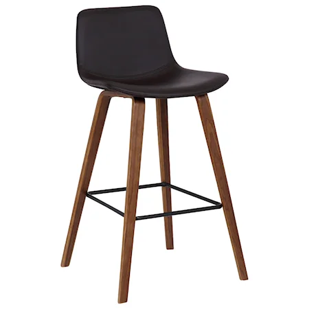 Contemporary Counter Stool in Walnut Wood Finish with Brown Faux Leather