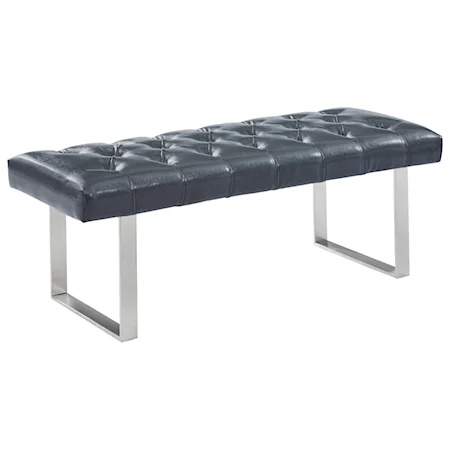 Contemporary Tufted Bench in Grey Faux Leather and Brushed Stainless Steel Finish