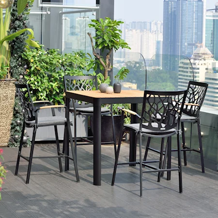 Contemporary 5-Piece Outdoor Patio Aluminum Bar Set in Black Finish with Natural Teak Wood Accent Top