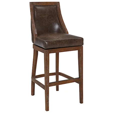 30" Bar Height Wood Swivel Barstool in Distressed Finish with Brown Stone Faux Leather