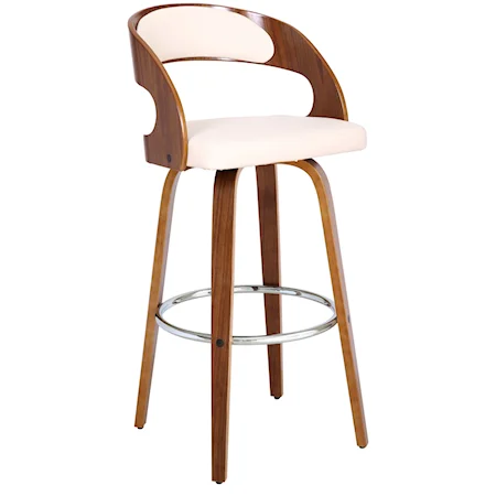 Contemporary 30" Bar Height Swivel Barstool in Walnut Wood Finish and Cream Faux Leather