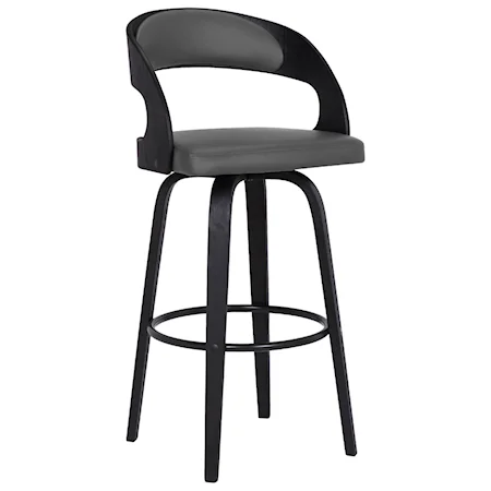 Contemporary 26" Counter Height Swivel Barstool in Black Brush Wood Finish and Grey Faux Leather