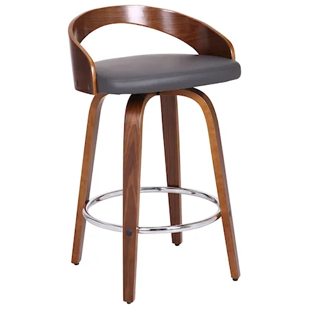 26" Counter Height Barstool in Walnut Wood Finish with Gray Faux Leather