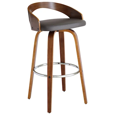 30" Bar Height Barstool in Walnut Wood Finish with Gray Faux Leather