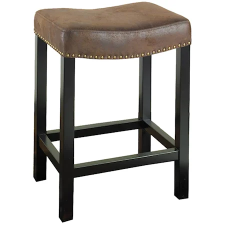 30" Backless Stationary Barstool in Wrangler Brown Fabric with Nailhead Accents