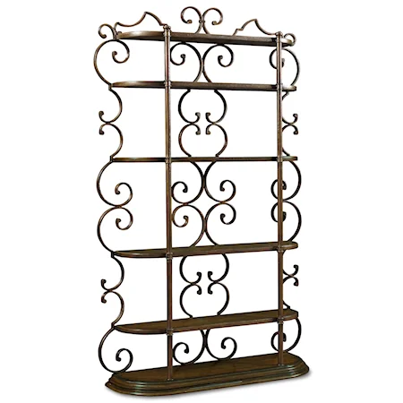 Etagere with Wood Shelves & Ornate Scrolled Metal Frame