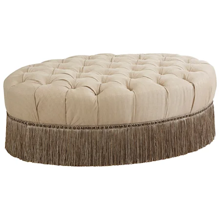 Traditional Oval Cocktail Ottoman with Fringe Skirt and Tufted Top