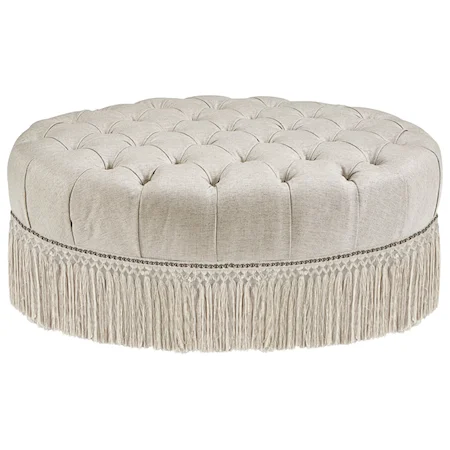 Traditional Oval Cocktail Ottoman with Fringe Skirt and Tufted Top
