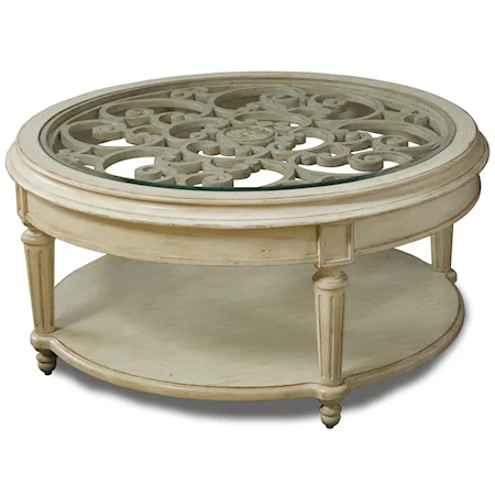 Carved Round Cocktail Table with Glass Top