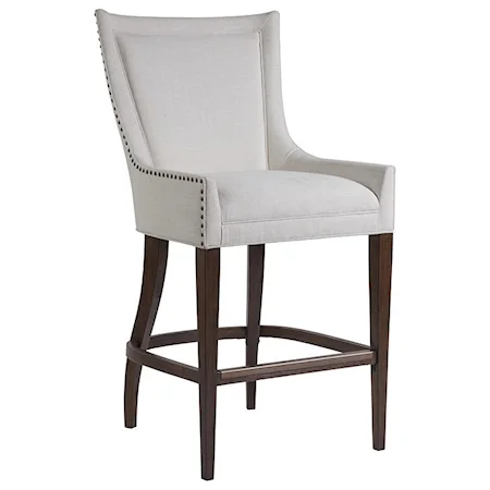 Josephine Upholstered  Barstool with Nailheads and Wood Legs in Marrone Finish