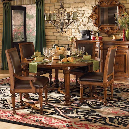 Five Piece Four Leg Wood Top Morning Table and Leather Upholstered Dining Chair Set