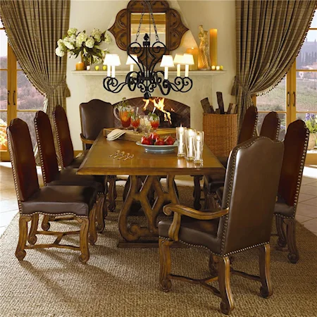 Expandable Double Pedestal Table with Leather Upholstered Chairs