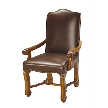 Traditional Leather Wood Exposed Dining Arm Chair with Nail Head Decor