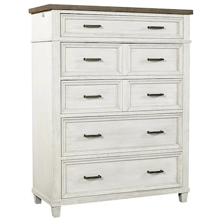 Casual Chest of 5 Drawers with Pullout Valet Rod and Felt-Lined Top Drawer
