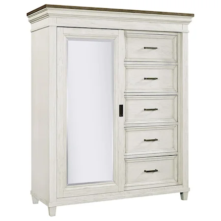 Casual Sliding Door 5-Drawer Chest with Adjustable Interior Shelving and Felt-Lined Top Drawer