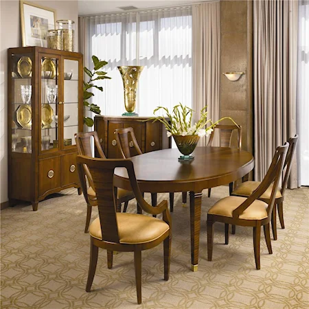 Oval Dining Table with Tapered Legs and Wood Slat-Back Chairs with Upholstered Seating