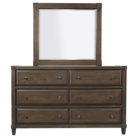 Transitional 6-Drawer Dresser and Mirror Combination with Felt-Lined Top Drawers
