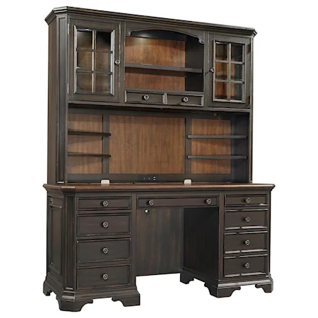 Transitional 8-Drawer Credenza Desk and Hutch with Adjustable/Removable Shelving and AC/USB Ports