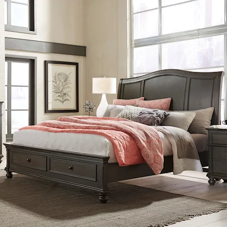 Transitional King Sleigh Storage Bed with USB Ports