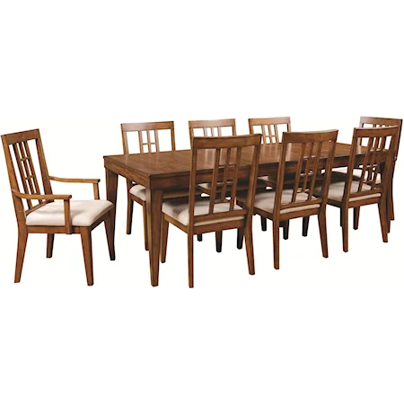 Nine-Piece Rectangular Leg Dining Table with Window Pane Splat Back Arm & Side Chairs Set