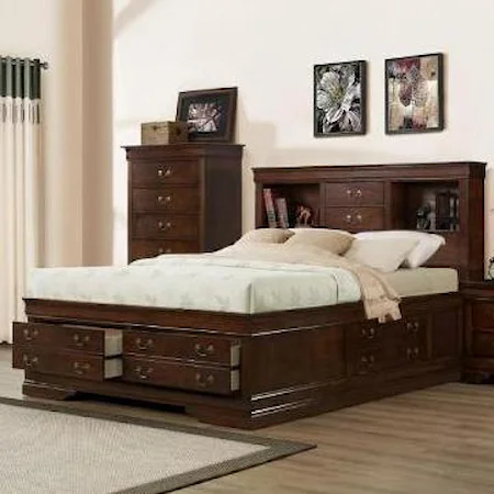 King Transitional Storage Bed with Bookcase Headboard