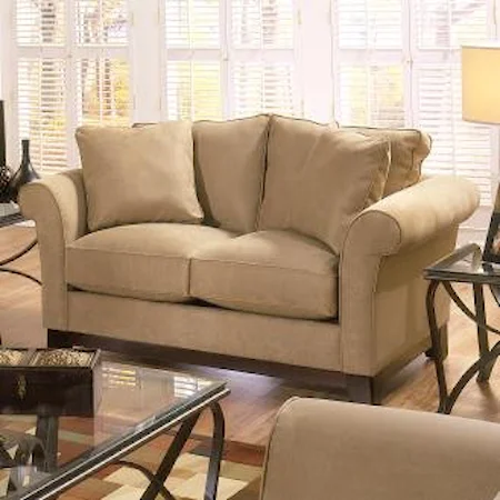 Transitional Stationary Loveseat with Rolled Arms and Wood Feet