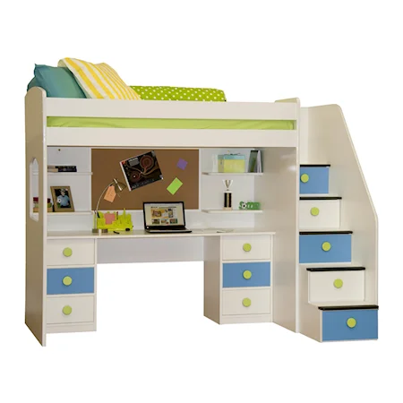 Loft Bunk Bed with Stairs, Desk, and Shelves