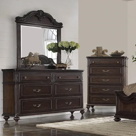 Traditional Dresser & Mirror in Dark Cherry Finish