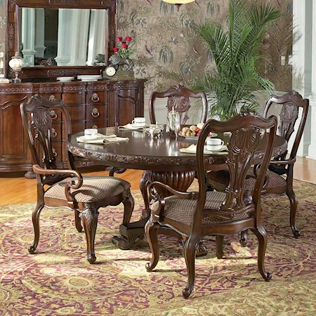 Five Piece Round Single Carved Pedestal Table and Splat Back Dining Chair Set