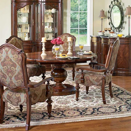 Five Piece Round Pedestal Base Table and Upholstered Dining Chair Set