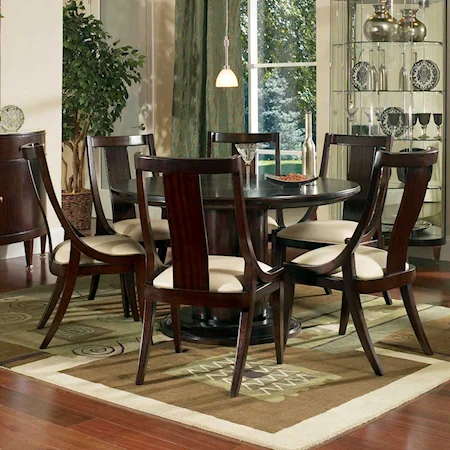 Seven Piece Round Single Pedestal Table and Upholstered Dining Side Chair Set