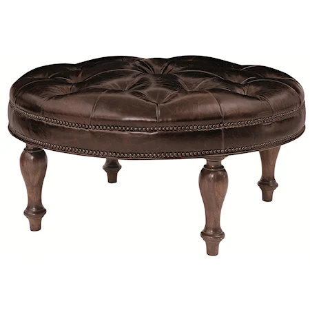 Round Cocktail Ottoman With Tufted Aniline Leather & Nailhead Trim