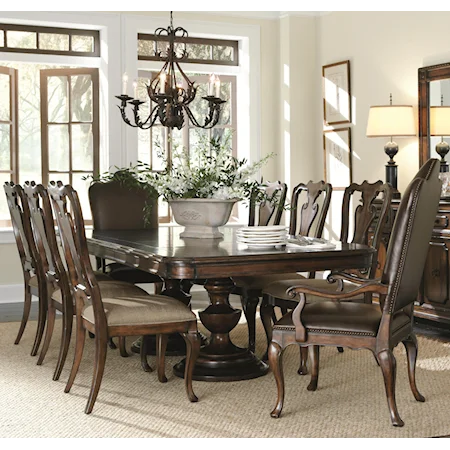 9 Piece Dining Set with Rectangular Dining Table and Leather Arm Chairs