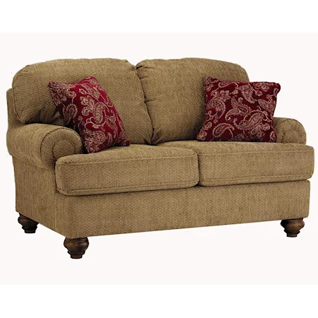 Traditional Upholstered Love Seat with Rolled Arms and Turned Feet