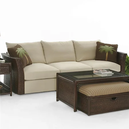 Stationary Sofa With Rattan Arms