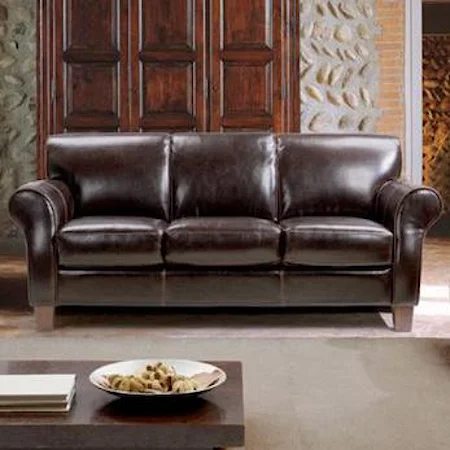 Transitional Leather Sofa with Rolled Arms and Tapered Legs