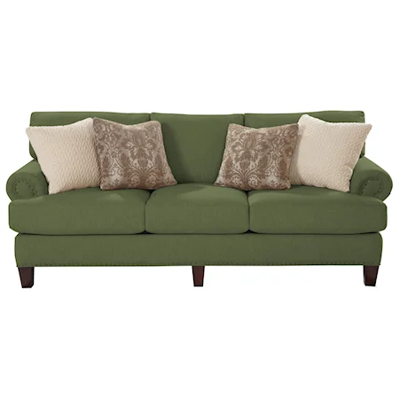 Transitional Sofa with Rolled Panel Arms and Vintage Tack Nailheads